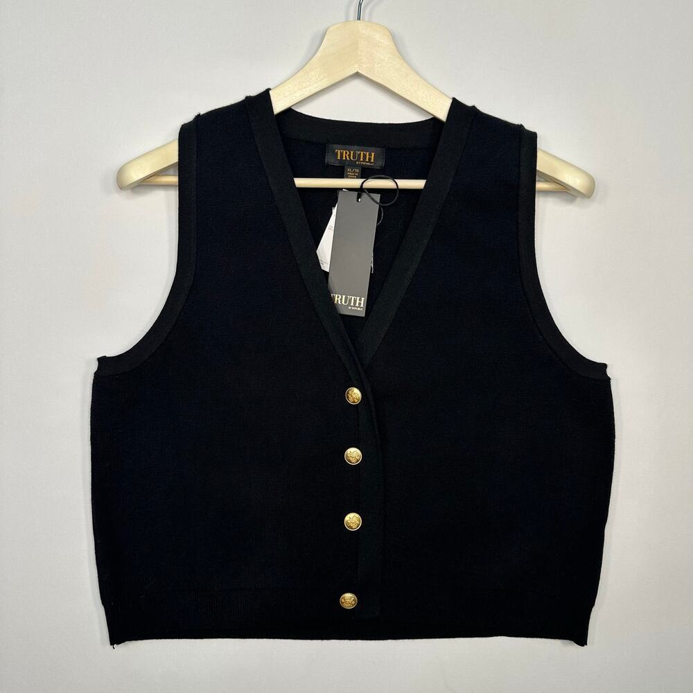 Truth by Republic Black Viscose Blend Gold Button Front Sweater Vest Size XL